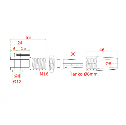 Úchyt pre nerezové lanko ø6mm, brúsená nerez AISI304