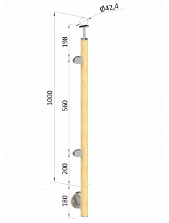 Drevený stĺp, bočné kotvenie, výplň: sklo, ľavý, vrch pevný (ø 42mm), materiál: buk, brúsený povrch s náterom BORI (bezfarebný)