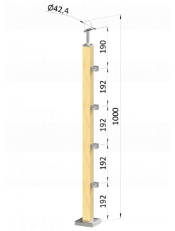 Drevený stĺp, vrchné kotvenie, 4 radový, priechodný, vrch pevný (40x40mm), materiál: buk, brúsený povrch s náterom BORI (bezfarebný)