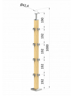 Drevený stĺp, vrchné kotvenie, 4 radový, rohový: 90° vrch pevný (40x40mm), materiál: buk, brúsený povrch s náterom BORI (bezfarebný)