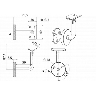 Držiak madla ø42.4mm, nastaviteľný s krytkou, brus AISI304
