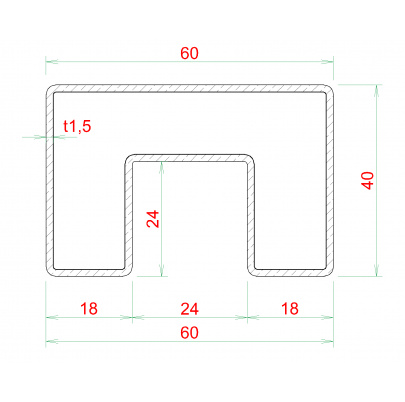 Madlo 60x40x1.5mm, 1m, sklo 8-17.5mm, brúsená AISI304