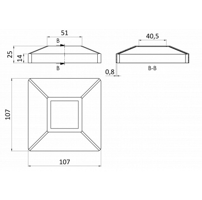 Kryt spodnej príruby (107x107mm /25x0,8mm), otvor:40.5x40.5mm, brúsená nerez K320 /AISI304