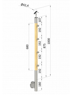 Drevený stĺp, bočné kotvenie, 4 radový, priechodný, vonkajší, vrch nastaviteľný (ø 42mm), materiál: buk, brúsený povrch s náterom BORI (bezfarebný)
