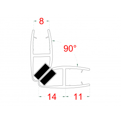 Plastové tesnenia magnetické, sklo 8mm, 90°, L-2200mm