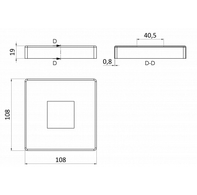 Kryt spodnej príruby (108x108mm /19x0,8mm), otvor:40.5x40.5mm, brúsená nerez K320 /AISI304