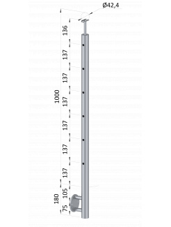 Nerezový stĺp, bočné kotvenie, 6 dierový koncový, ľavý, vrch pevný (ø 42.4x2mm), leštená nerez /AISI304
