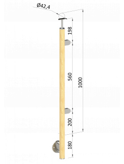 Drevený stĺp, bočné kotvenie, výplň: sklo, pravý, vrch pevný (ø 42mm), materiál: buk, brúsený povrch s náterom BORI (bezfarebný)