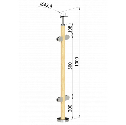 Drevený stĺp, vrchné kotvenie, výplň: sklo, priechodný