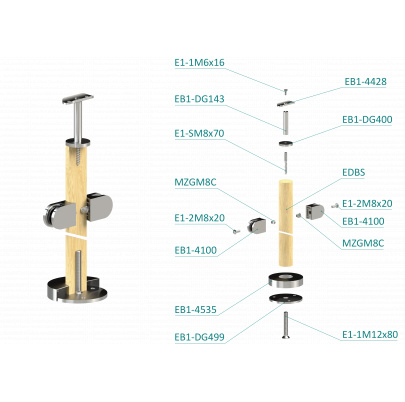 Drevený stĺp, vrchné kotvenie, výplň: sklo, priechodný