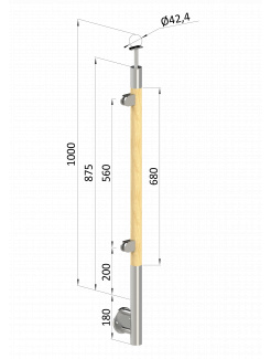 Drevený stĺp, bočné kotvenie, výplň: sklo, ľavý, vrch pevný (ø 42mm), materiál: buk, brúsený povrch bez náteru