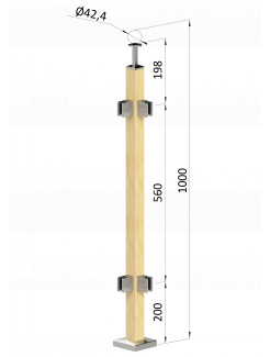 Drevený stĺp, vrchné kotvenie, výplň: sklo, rohový: 90°, vrch pevný (40x40mm), materiál: buk, brúsený povrch bez náteru