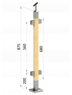 Drevený stĺp, vrchné kotvenie, výplň: sklo, priechodný, vrch nastaviteľný (40x40mm), materiál: buk, brúsený povrch bez náteru