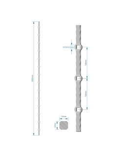 Prebíjaná tyč H 2000mm opieskovaná, zdobený profil 14x14mm, rozteč dier 140mm, oko 14,5x14,5mm - 14ks