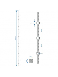 Prebíjaná tyč H 2000mm opieskovaná, zdobený profil 12x12mm, rozteč dier 120mm, oko 12,5x12,5mm - 16ks