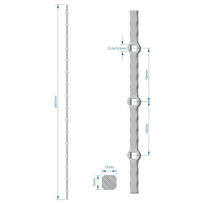 Tyč 2m opieskovaná, profil 12mm, rozteč 120mm, oko 12,5mm