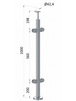 Nerezový stĺp, vrchné kotvenie, výplň: sklo, priechodný, vrch pevný, (ø 42.4x2mm), brúsená nerez K320 /AISI304