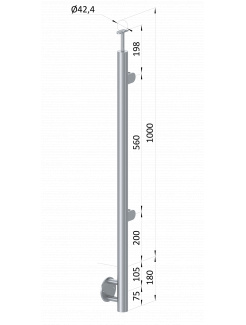 Nerezový stĺp, bočné kotvenie, výplň: sklo, pravý, vrch pevný (ø 42.4x2mm), brúsená nerez K320 /AISI304