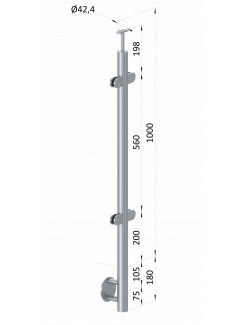 Nerezový stĺp, bočné kotvenie, výplň: sklo, priechodný, vrch pevný (ø 42.4x2mm), leštená nerez /AISI304