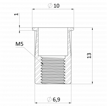 AISI304 nitovacia matica M5, plochá, rýhovaný driek, L-10mm