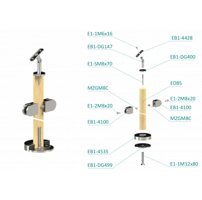 Drevený stĺp, vrchné kotvenie, výplň: sklo, priechodný