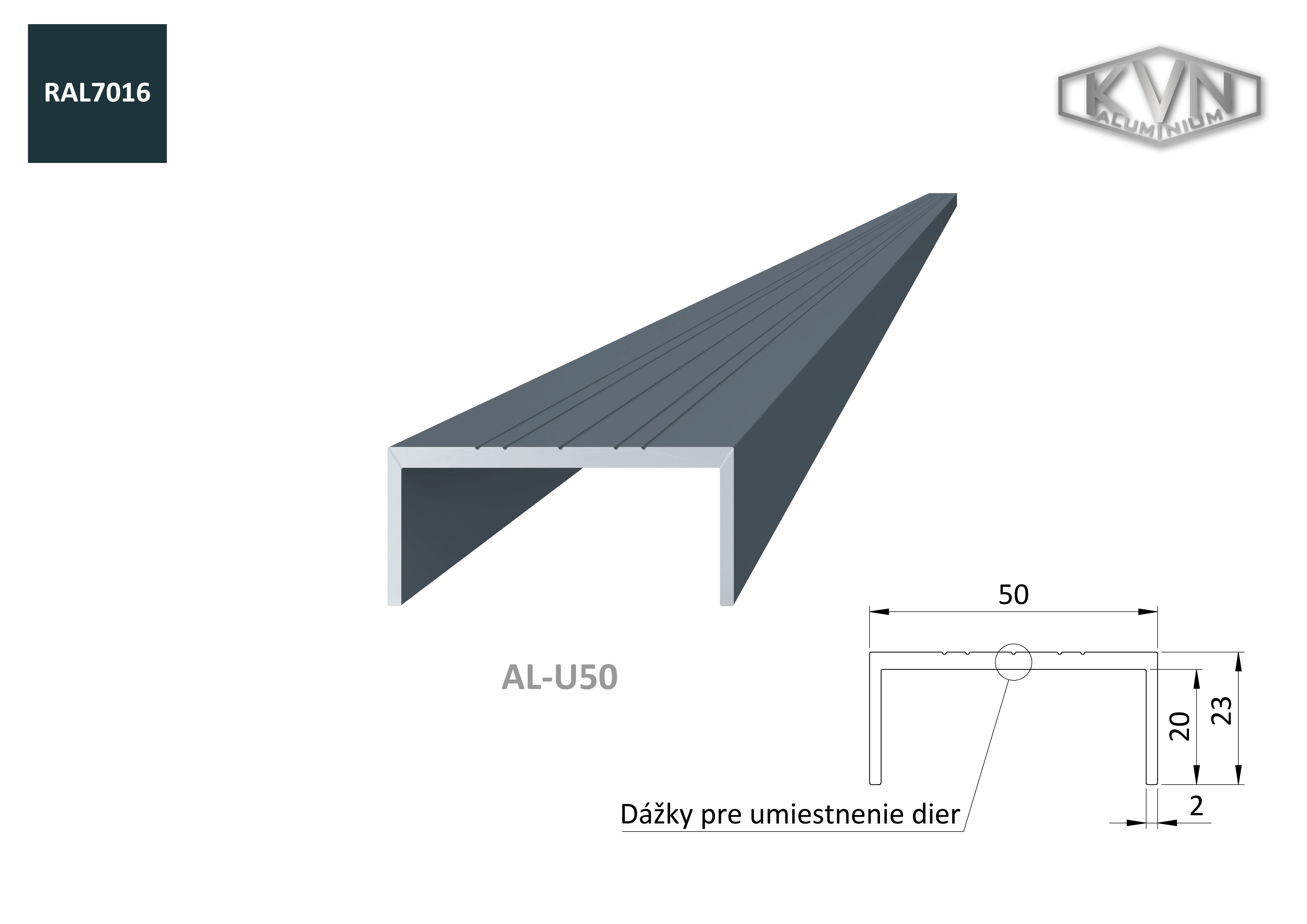 U profil s povrchovou úpravou ANTRACIT RAL7016 50x22x6000mm, materiál ...