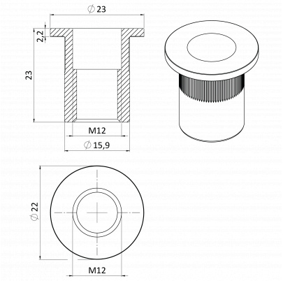 AISI304 nitovacia matica M12, plochá, rýhovaný driek, L-23mm