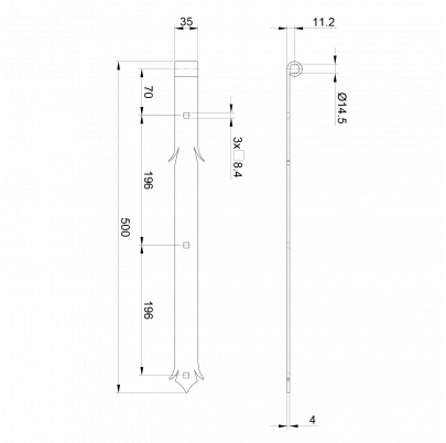 Kovanie ozdobné - pásový záves 500x35x4 mm, otvor pre čap ø 14mm, povrch čierny lak