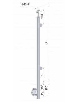 Nerezový stĺp, bočné kotvenie, výplň: sklo, pravý, vrch nastaviteľný (ø 42.4x2mm), brúsená nerez K320 /AISI304