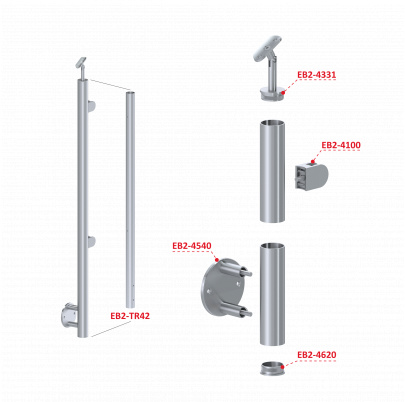 Nerezový stĺp, bočné kotvenie, výplň: sklo, pravý