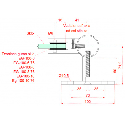 Nerezový stĺp, bočné kotvenie, výplň: sklo, pravý