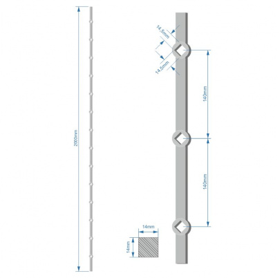 Tyč 2m opieskovaná, profil 14mm, rozteč 140mm, oko 14,5mm