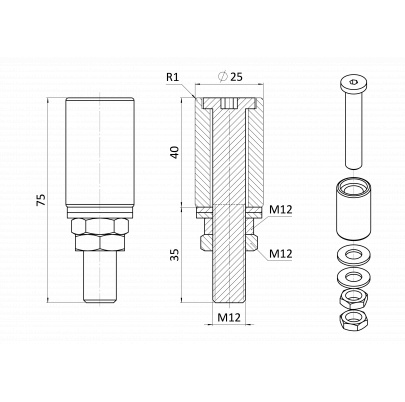 Polyamidový vodiaci valček D-25mm, H-40mm, M12 pre horné vedenie posuvných brán
