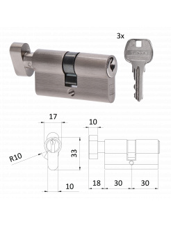 DOPREDAJ cylindrická vložka EURO 30/30mm s guľkou, niklová, 3 kľúče, skrutka M5x65mm