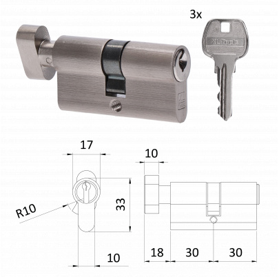 DOPREDAJ cylindrická vložka EURO 30/30mm s guľkou, niklová, 3 kľúče, skrutka M5x65mm