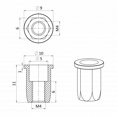Nitovacia matica M4/0.3-2.0/ plochá hlava, hex, L=10mm, nerez