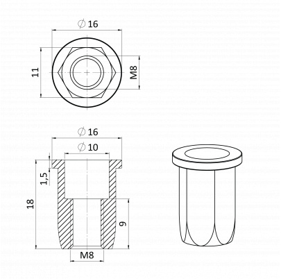 Nitovacia matica M8/0.5-3.5/ plochá hlava, hex, L=17mm, nerez