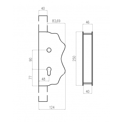 Kazetová zostava pre bránku 250x95x40mm, otvor pre kľučku ø 20mm, na profil 40x40mm, hladká, pre zámok ZM90/80
