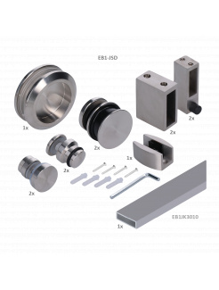 Závesný systém - set na sklenené dvere pre profil 30x10mm, (hrúbka skla: 8.00 - 12.00mm), set obsahuje 2 metre EB1-JK30x10, brúsená nerez K320/AISI 304