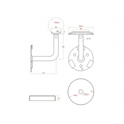Držiak madla na stenu s krytkou, odsadenie 73mm