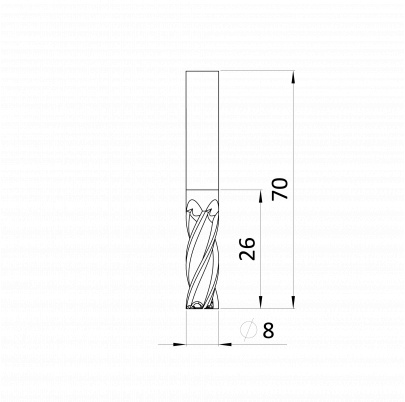 Valcová fréza Ø8mm, HSSCo8, DIN 844K, TiAlN povlak, valcová stopka s plôškou (Weldon) podľa DIN 1835 B