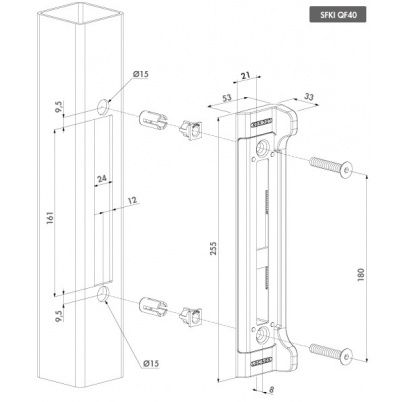 LOCINOX® sada FORTYSET na zamykanie krídlovej bránky (štítok, doraz, cylindrická vložka, kľučka), pre profil 40x40 mm
