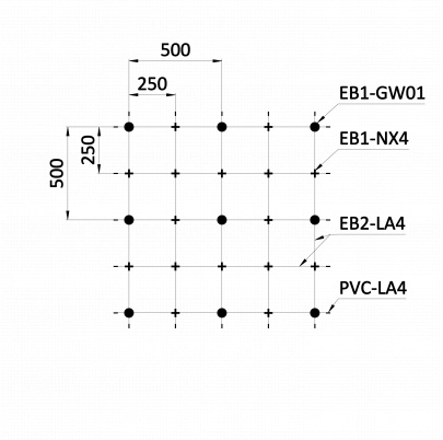 Montážna sada pre zelenú stenu - nerez, rozmer 2x2m. Set obsahuje: EB1-GW01 (25ks), PVC-LA4 (36ks), EB2-LA4 (45m), EB1-NX4 (56ks)