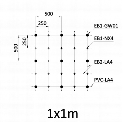 Montážna sada pre zelenú stenu - nerez, rozmer 3x3m. Set obsahuje: EB1-GW01 (49ks), PVC-LA4 (52ks), EB2-LA4 (100m), EB1-NX4 (120ks)