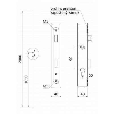 Profil 40x40x1,5mm H-2000mm so zapusteným zámkom ZM90/35, vhodný pre rám bránky, bez povrchovej úpravy