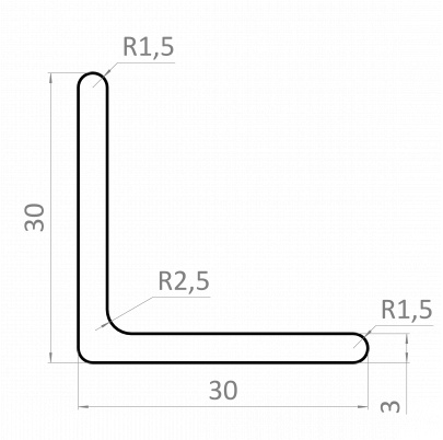 Nerezová tyč tvaru L 30x30x3mm, cena za 1ks (5m), nerez AISI / 304 bez povrchovej úpravy