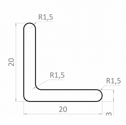 Nerezová tyč tvaru L 20x20x3mm, cena za 1ks (3m), nerez AISI / 304 bez povrchovej úpravy