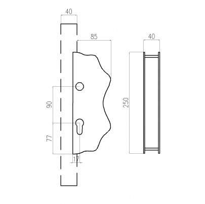 Kazetová zostava pre bránku 250x95x40mm, otvor pre kľučku ø 19,5mm, na profil 40x40mm, hladká, pre zámok ZM90/80