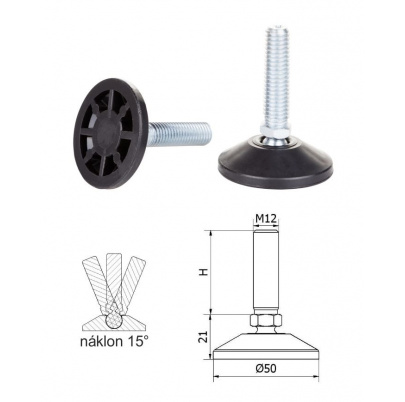 ø-50mm, M12x60mm, H-60mm, čierna, kĺbová plastová nivelačná nožička, závitovo-nastavitelná.