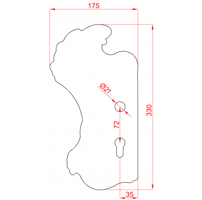 DOPREDAJ! Štít 330x175x3mm s otvormi, rozteč 72mm, otvor pre kľučku ø 21mm, zdobený, ľavý, pre zámok ZM72/50